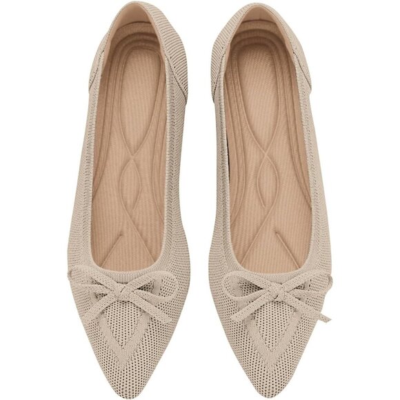 🆕Women Beige Knit Flats Pointed Toe Bow Ballet Shoes Comfortable Dressy Slip On - Picture 1 of 6